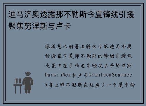 迪马济奥透露那不勒斯今夏锋线引援聚焦努涅斯与卢卡