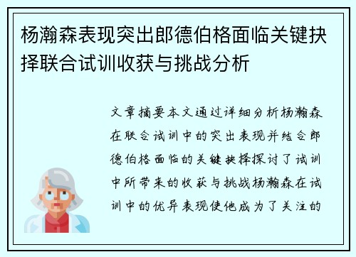 杨瀚森表现突出郎德伯格面临关键抉择联合试训收获与挑战分析