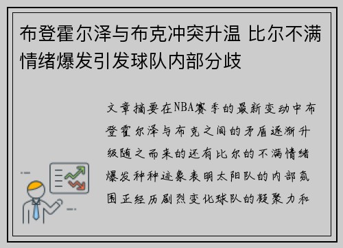 布登霍尔泽与布克冲突升温 比尔不满情绪爆发引发球队内部分歧